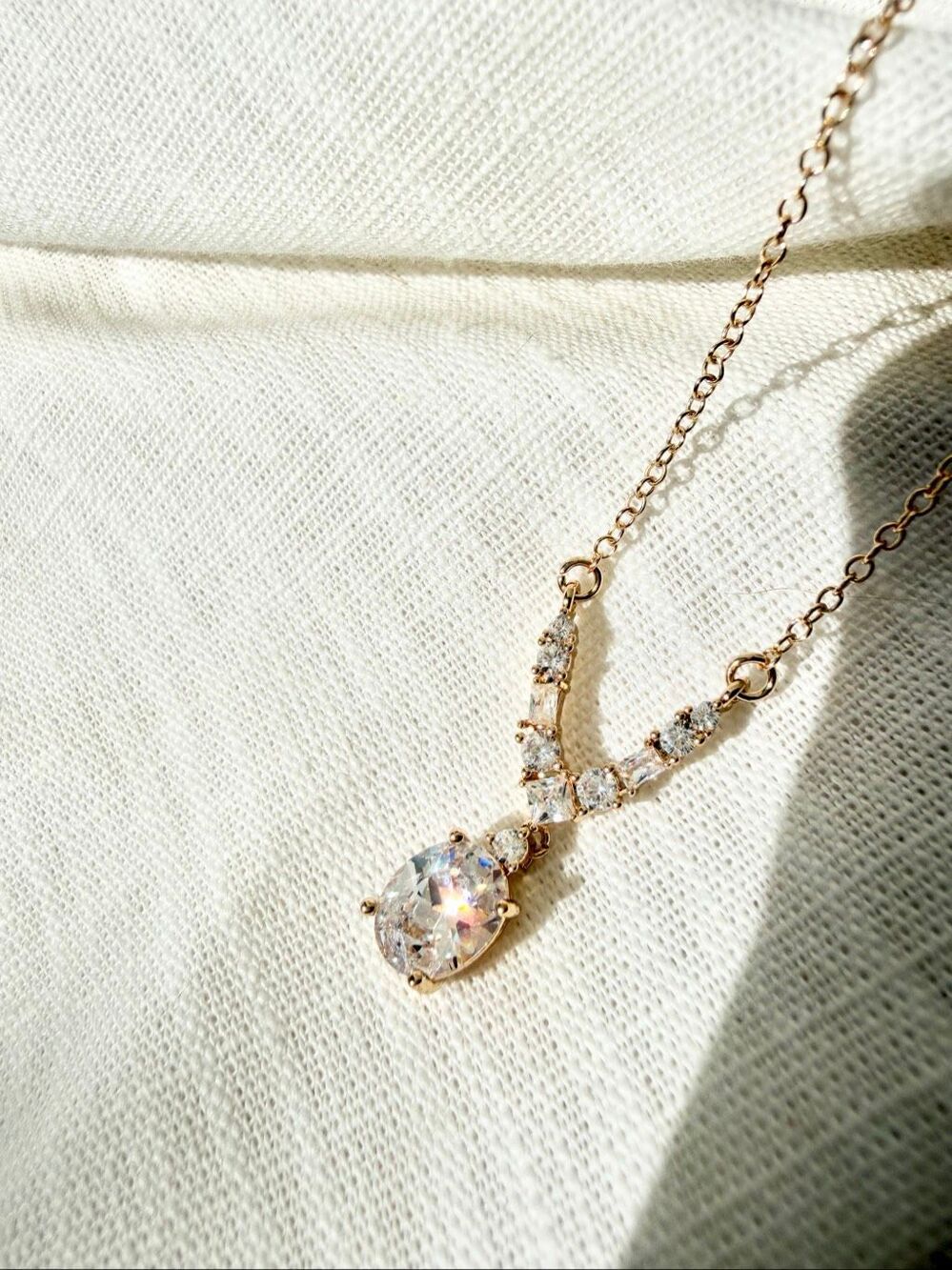 Cubic Zirconia Oval Teardrop Necklace Gold Tone Sparkly Pendant
